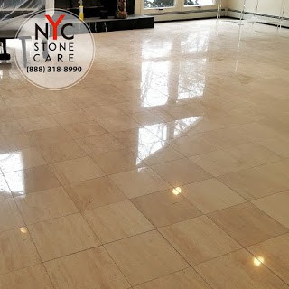 A Polished Finished Surface on a travertine floor 12 x12 tile in Long Island