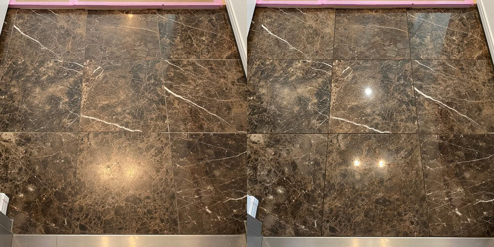 Side-by-side comparison of marble floor tiles; the left side appears dull and cloudy, while the right, after expert stone restoration NYC, is glossier with brighter reflections and clearer detail.